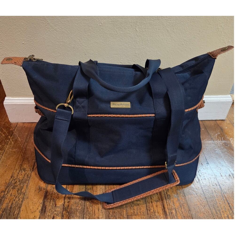 Blue Tommy Bahama Carry On Luggage Travel Bag Brown Leather Duffle